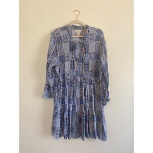 Japan Women's Tiered Boho Blue Midi Dress With Long Sleeves & Tie Neck Size L